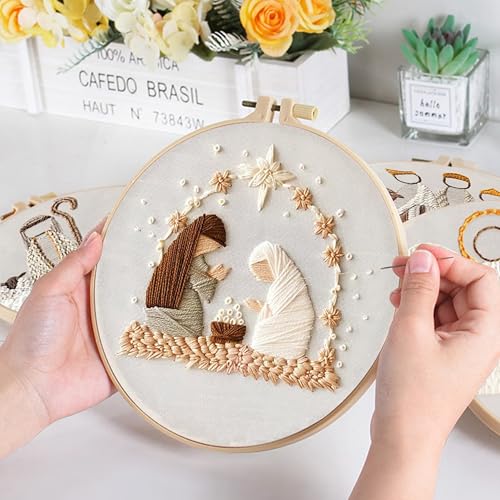 Image of KEKEMEOW 4 Pack Nativity Scene Embroidery Starters Kit for Beginners Embroidery Starting Sets for Adults with Stamped Patterns Colorful Threads Step by Step Instructions Hoop Needles Tools