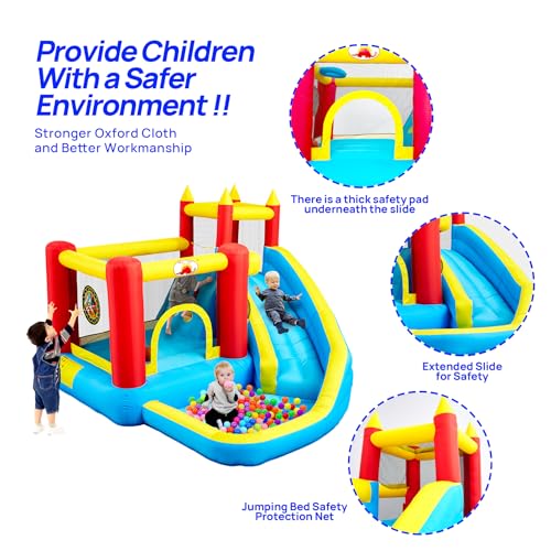 WELLFUNTIME Inflatable Bounce House with Slide, Jumping Castle with Blower, Climbing Wall, Dartboard, Basketball Hoop and 50 Ball Pit Balls, 108x122x86 Inch Bouncy Castle - Thumbnail 3