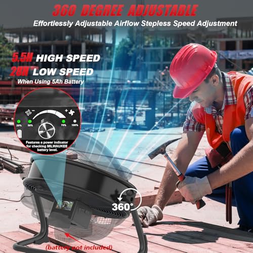 16" Battery Operated Floor Fan Compatible with Milwaukee M18 18V Battery, Portable Fan with AC Adapter and USB Output, Metal Industrial High Velocity, Stepless Speed Cordless Fan for Jobsite Garage — view 4