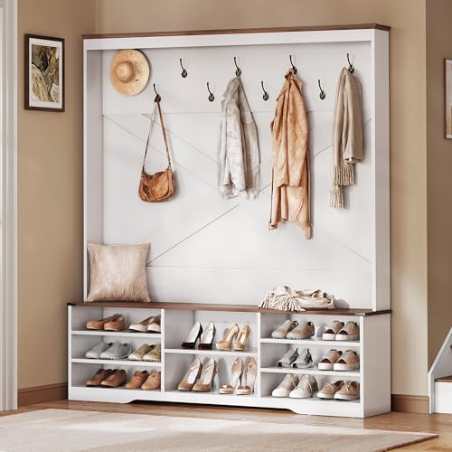 YITAHOME Hall Tree with Bench and Shoe Storage, Mudroom Storage Modern Shoe Cabinet with Bench & 9 Double Prong Hooks, for Entryway & Living Room, Walnut & Off-White