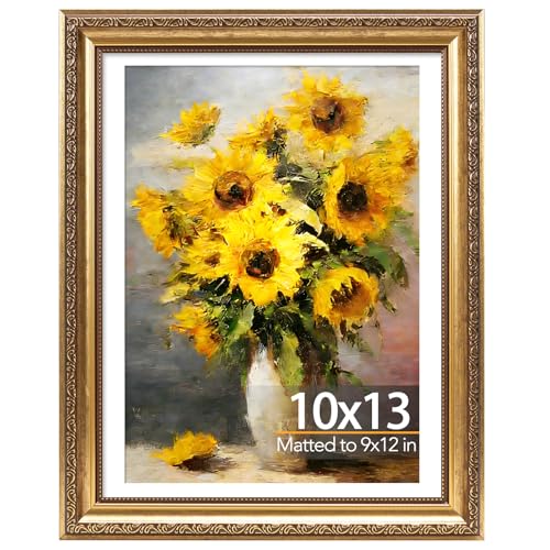 JCJMY 10x13 Vintage Picture Frame with 9x12 Mat Elegant Retro 10 by 13 Photo Frame with Shatter-Resistant Plexiglass for Wall Gallery Decor & Gift Gold 1 Pack
