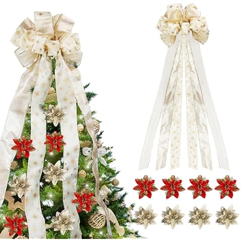 Christmas Tree Topper Bow & 8 Pcs Christmas Tree Decorations Bows, Gold Snowflake Decorations Christmas Decor - Champagne Cover