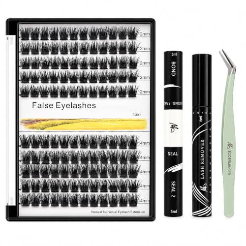 BODERMINCER M01 Wispy Lash Cluster Kit, 120pcs D Curl, 12+14mm Mixed