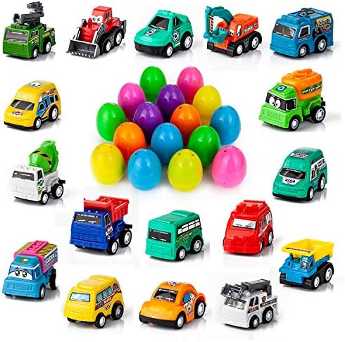 YIHONG Set of 17 Prefilled Easter Eggs with Toy Cars, 3 inch Colorful Plastic Easter Surprise Eggs Filled with Pull Back Construction Vehicles