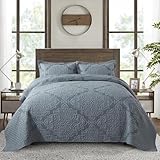 NEWLAKE Reversible Quilt Bedspread Embroidered Microfiber Coverlet Set,Jacquard Embossed Floral,Grey, Queen Size