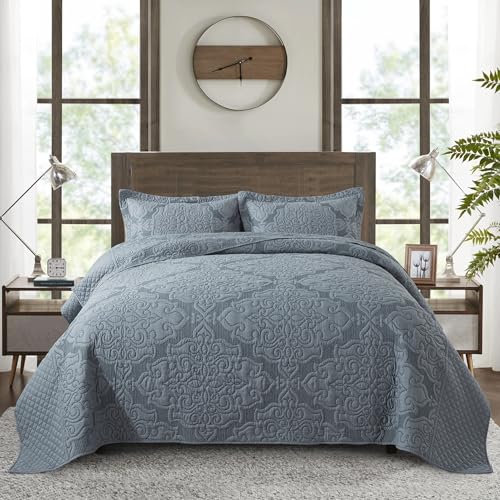 NEWLAKE Reversible Quilt Bedspread Embroidered Microfiber Coverlet Set,Jacquard Embossed Floral,Grey, King Size