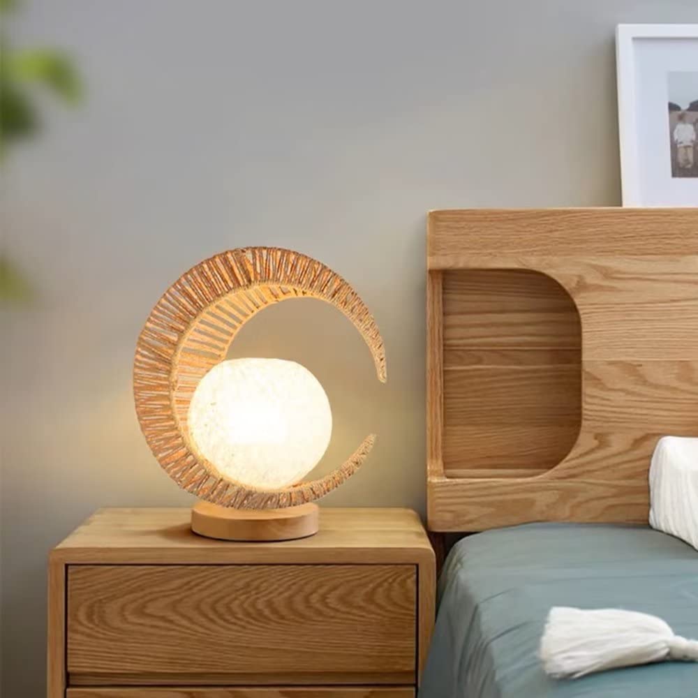 DUNMW Handmade Moon Table Lamp Night Light Creative Hemp Rope Moon Retro Style Bedside Lamp Table Light Fixture Decorative Table Lighting for Bedroom, Living Room