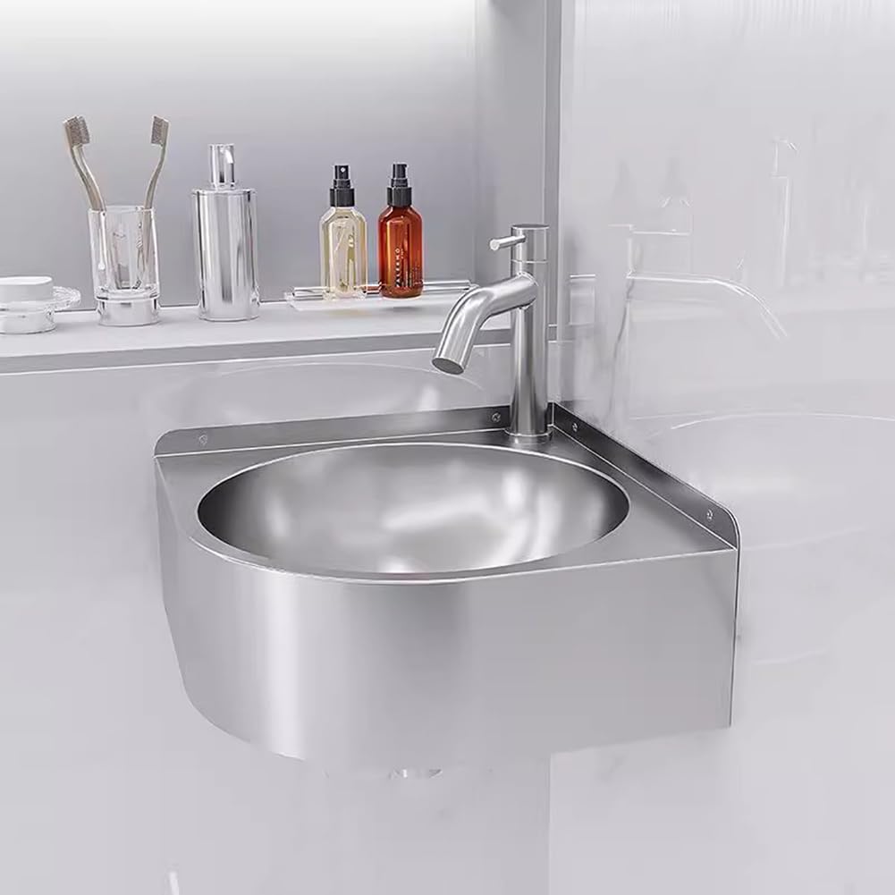 Lavello angolare triangolare in acciaio inox con rubinetto per montaggio a parete per cucina, bagno, lavanderia e uso in giardino