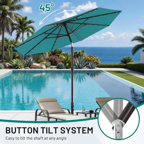 Image of AreShark 9FT Patio Umbrella with Solar Lights, 32 Lighted Pool Umbrella w /Tilt and Crank, Outdoor Market Solar Umbrellas for Garden, Deck, Backyard, Pool and Beach, Lake Blue