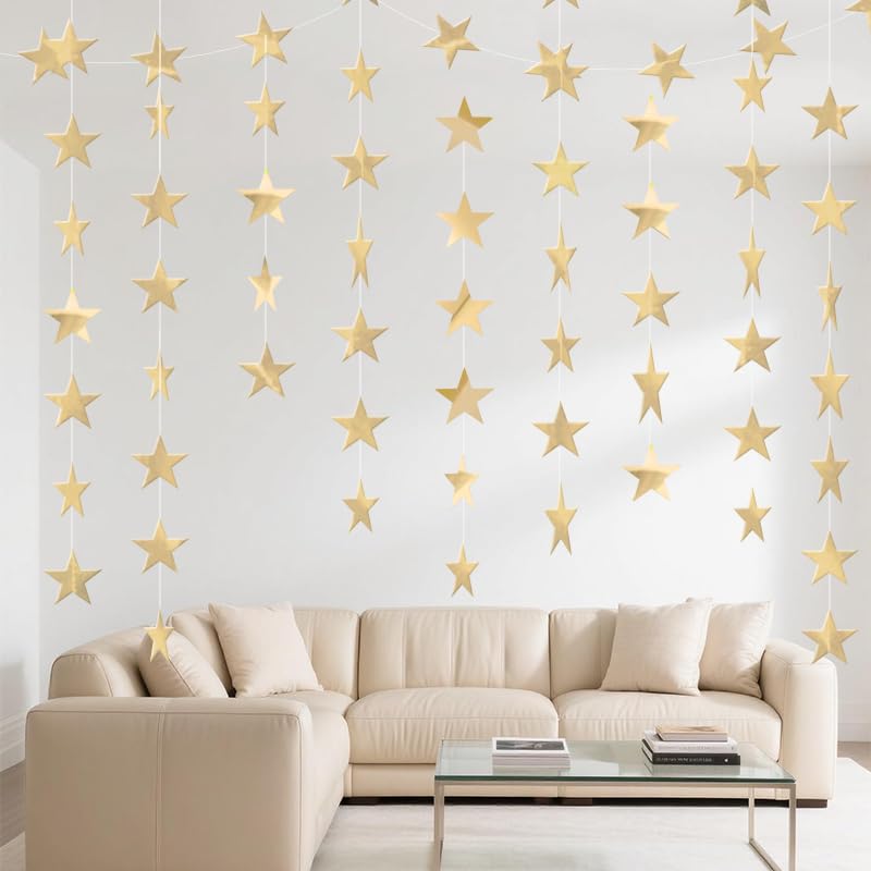 Image of Champagne Shining Star Hanging Garland Champagne Hanging Sparkling Star Streamer Glitter Bunting Banner Twinkle Backdrop for Wedding Baby Shower Birthday Xmas Decorations 40 Feet