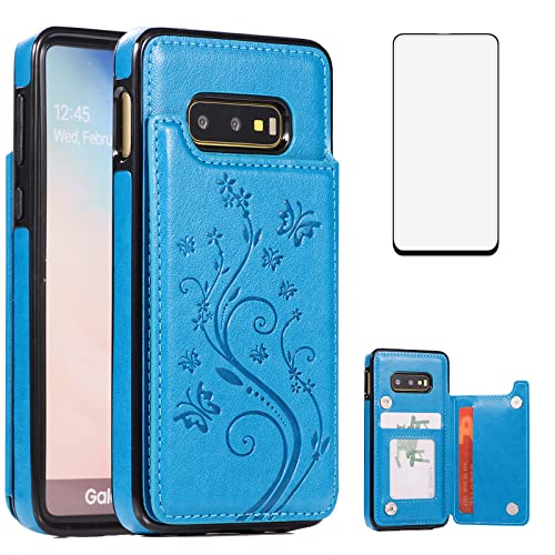 Phone Case for Samsung Galaxy S10e with Tempered Glass Screen Protector and Card Holder Wallet Cover Stand Flip Leather Cell Accessories Glaxay S 10e Gaxaly 10se Galaxies Se10 Cases Women Men Blue