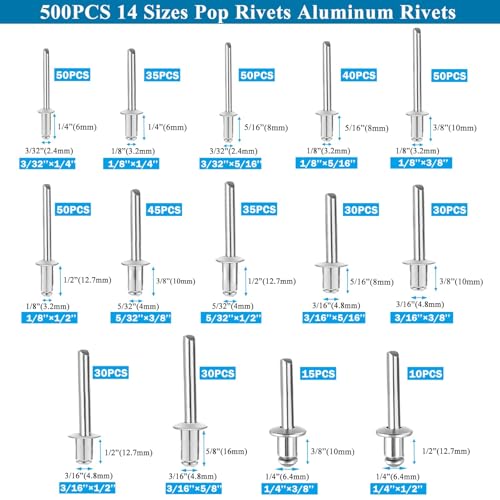 Image of 780pcs Pop Rivets with Washers Assortment Kit,14 Sizes Pop Aluminum Rivets(3 /32 1 /8 5 /32 3 /16 1 /4 inch) and 4 Sizes washers,Assorted Blind Rivets for DIY /Automotive Repairs /Furniture with Box