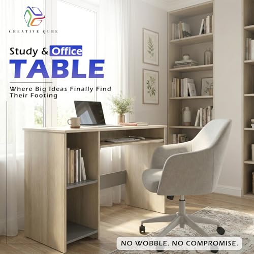 Image of 104x50x75CM Engineered Wood Study Table with Keyboard Tray & 2 Open Storage Shelves for Home, Office | Moisture Proof Computer, Laptop Table | 1 Year Warranty- Acacia Light with Grey