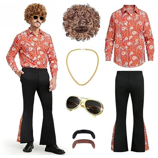 Hengrongshen Disfraz Años 70 Hombre, Disfraz Disco Hippie Adulto de 7 Piezas para Carnaval, Fiesta Temática y Halloween con Peluca, Camisa y Pantalones de Campana y Accesorios (3XL) | Ya disponible en tu tienda friki favorita! En mundofriki.es!