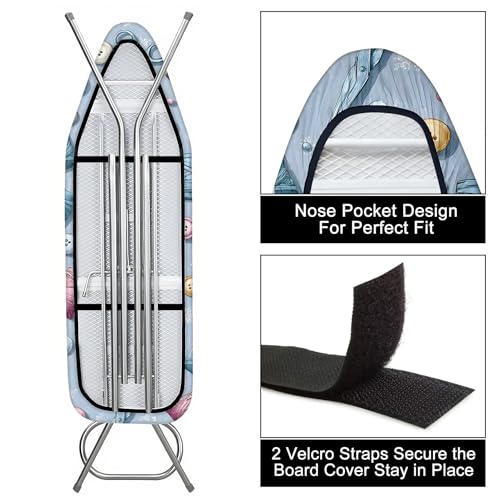 Image of Quick Install Ironing Board Cover 15 inch x 54 inch Ironing Board Cover with Nose Strap Pocket and Elastic Sides Anti-Slip and Heat-Resistant Stylish Home Ironing Board