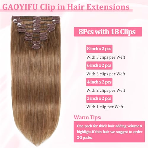 Image of Clip in Hair Extensions Real Human Hair, Human hair Clip ins Extensions | Seamless Invisible Human Hair Extensions Clip ins Straight 8Pcs Double Weft Tangle Free, No Shedding Chestnut Brown 20 inch 105g