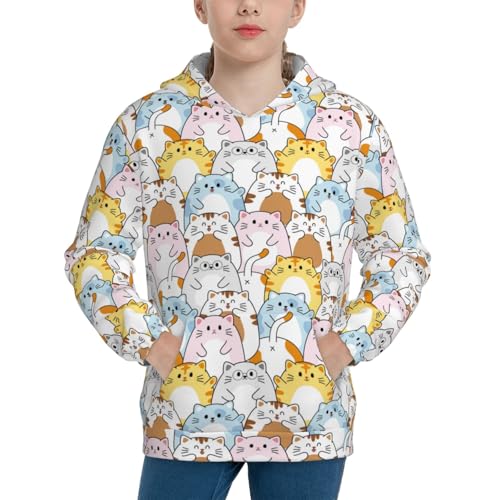 Cute Colorful Cat Cartoon Kids Pullover Hoodies Boys Sweatshirts Girls Athletic Clothes with Pocket