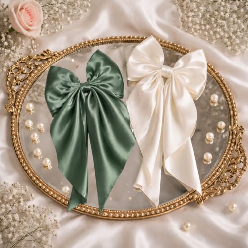 Image of 2 Pack Off White and Green - Hair Bows, Bow Clips for Women - Hair Clips, Luxury Satin Hair Bow Clips for Girls, Hair Clip - Cute Hair Accessories for Girls