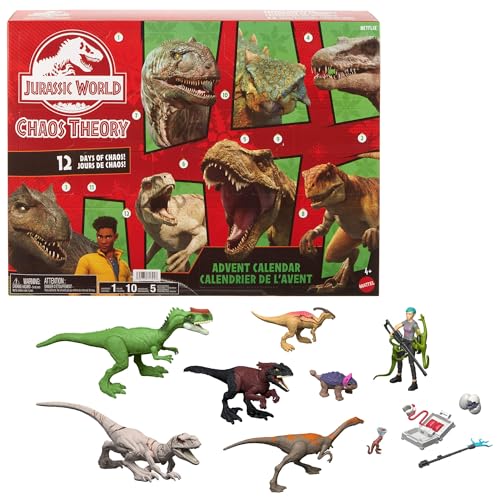 Jurassic World Chaostheorie Exklusiver Adventskalender mit 12 Türchen, 12 Tage voller Überraschungen, Smoothie und 8 weitere Dinosaurier-Figuren, Brooklynn-Figur, JGM17