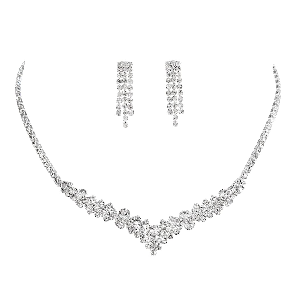 UnicraSilver Bride Necklace Earrings Set Bridal Wedding Jewelry Sets Rhinestone Prom Costume Jewelry Set for Women and Brides