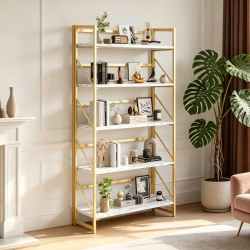 Image of JSB 5 Tier No Assembly Folding Bookshelf, 30.7 inch Wide Foldable Storage Bookcase for Home Office, Space-Saving Storage Shelf for Living Room (White&Gold)