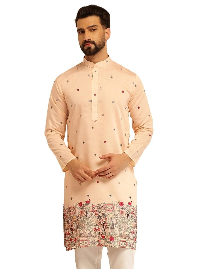 Sojanya (Since 1958 Men's Cotton Silk Daman Embroidered Peach Long Kurta
