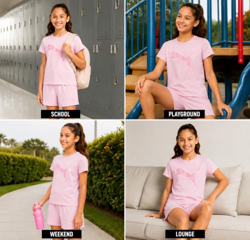 Image of PUMA Girls Athletic Shorts Set - 2 Piece Active Performance TShirt and Gym Bike Kids Shorts Girls Activewear Set (7-14)