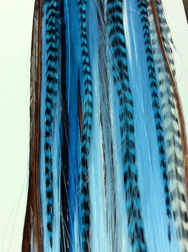 New!!!16" Long Tourqoise Synthetic Hair Extension with Genuine Blue Mix Grizzly Feathers