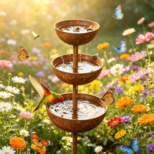 ZXAPJJD Rain Catcher Plant Support 3-Tiered Metal Bird Bath and Bee Watering Station for Outdoors Rustic Plant Support Garden Ornament Water Bowls for Yard Art & Patio Decor