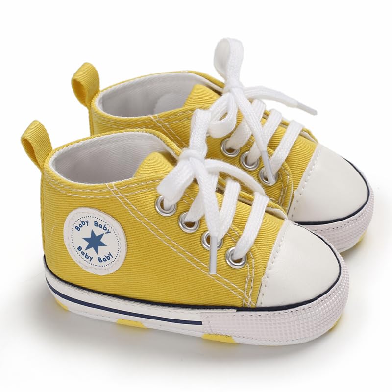 Image of Unisex Baby Boys Girls Shoes, Newborn Infant Non-Slip Canvas Denim High Top Sneakers, Toddler First Walkers Shoes