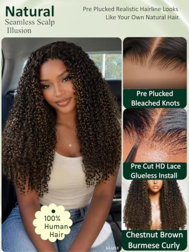 Image of KLAIYI Ombre Brown Burmese Curly Pre Cut 7x5 Lace Front Wigs Human Hair 18 inch | Bye Bye Slip Glueless Drawstring Wig Finger Coil End Black to Chestnut Brown Pre Plucked Bleached Knots Ready to Wear Go Wig