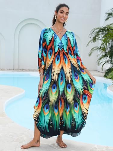 Image of IMAGEKOPE Women's Plus Size Animal Print V-Neck Batwing Kaftan Beach Dress Bathing Suit Cover-Up Loungewear