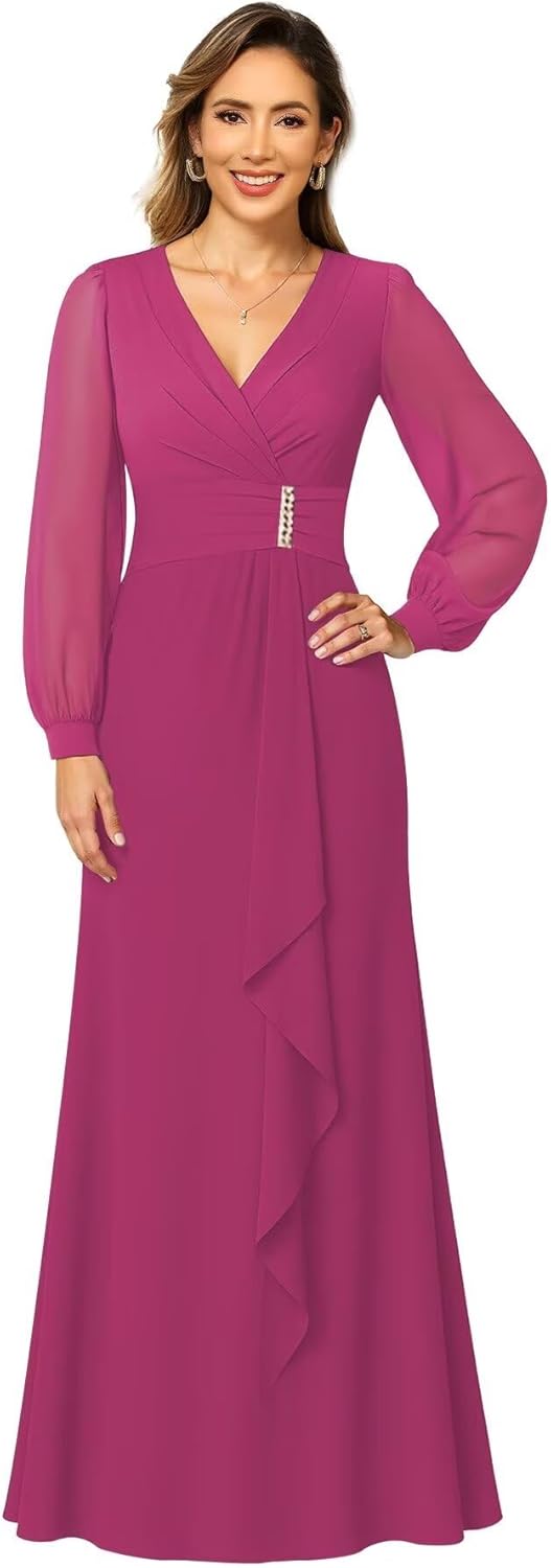 Chiffon V Neck Mother of The Bride Dresses for Wedding Long Sleeve Evening Party Dress PUS039