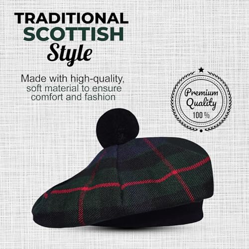 Image of Scottish Tam O' Shanter Hat Tartan Bonnet Pom Pom Wool Flat Cap One Size