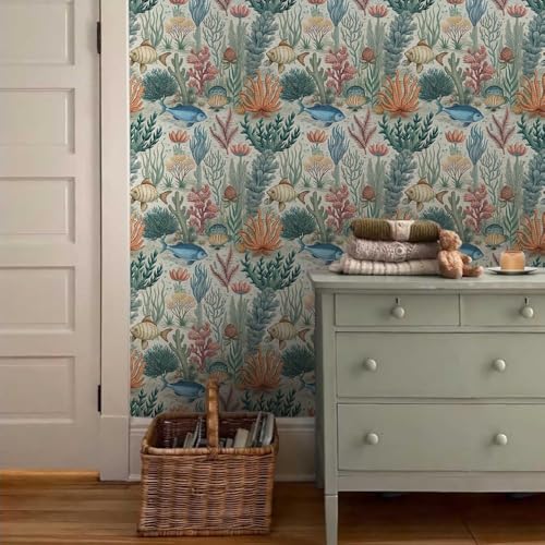 Image of Wallpaper Peel and Stick Vintage Flowers Leaves Birds Pattern Design Botanical Tropical Floral Textured Coral Fish Wall Decor Removable Waterproof Adeshive Wallpaper 16.5X87Inch