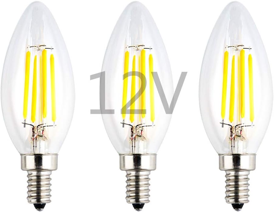 DC 12V-24V Power Input LED Candelabra Bulb, 6W Dimmable with 12VDC Dimmer, Warm White Light, E12 Candle Base, 60W Incandescent Equivalent, 12Volts Operated, Frosted Glass Torpedo Tip, 3 Pack