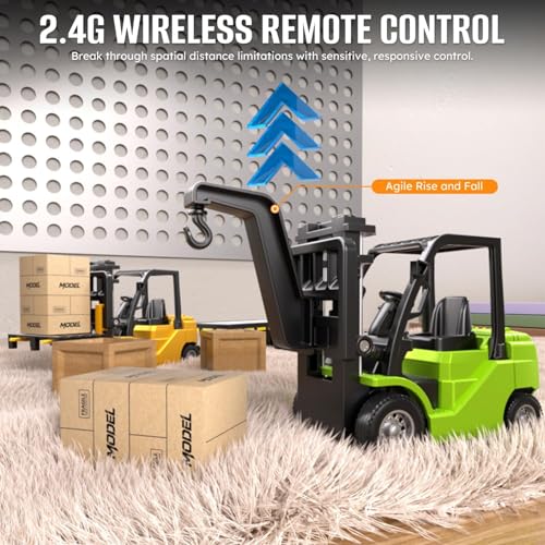 Image of PLUSPOINT 1 /64 RC Forklift Toy, Remote Control Forklift Truck with Rechargeable Battery, 10 Channel 2 Modes, Transformable Lift Fork & Hook, Lights & Sounds, Construction Toy Gift for Kids Boys