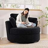 JEEOHEY Swivel Accent Barrel Chair, 42'' W Chenille Upholstered Round Swivel Chair, 360 Degree Modern Oversized Round Armchair, Comfy Single Sofa Chair for Nursery, Living Room, Bedroom(Black)