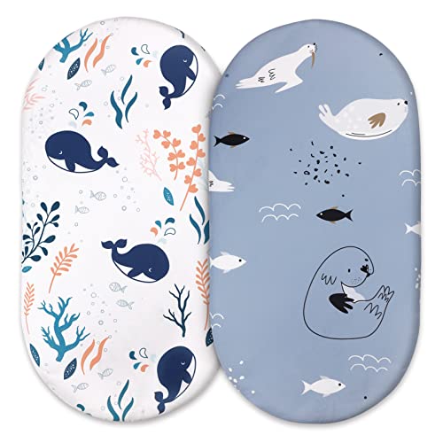 Image of GLLQUEN BABY Bassinet Crib Sheets Set, Breathable Cozy Fitted Mattress Sheet, Elastic Travel Crib Fashionable Floral Pattern, Standard Cradle Safe Sheets for Baby Boy Girls 32"X16" (Sea Lions)