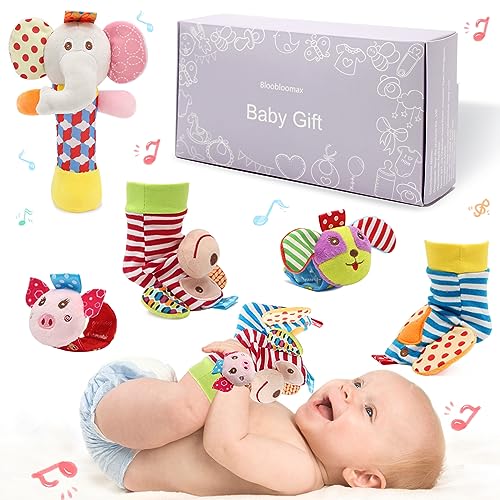 Image of Bloobloomax Wrist Rattles Foot Finder Rattle Sock Baby Toy, Rattle Toy, Arm Hand Bracelet Rattle, Feet Leg Ankle Socks, Activity Rattle Present Gift for Newborn Infant Babies Boy Girl (5pcs-D)
