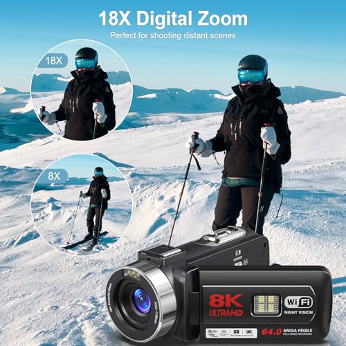 Videokamera 8K Camcorder 64MP 18X Digital Zoom Vlogging-Kamera für YouTube 3,0 Zoll Touchscreen WiFi IR-Nachtsicht Videokamera mit 2,4 G-Fernbedienung, SD-Karte und 2 Batterien – Bild 4