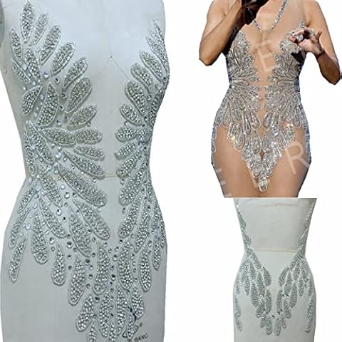 wtbv.n 100% handsewing Glass Rhinestones Bodice Applique on Nude net Crystal Trimming Patches foy Dress Front and Back Accessories Cover