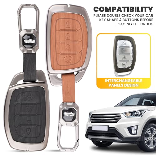 Image of Car Key Cover Compatible with Hyundai Alcazar and Creta Car 4-Button Smart Key (Dual Leather Metal (Black & Brown))