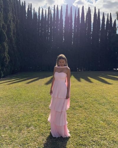 Strapless Bridesmaid Dresses for Womens 2025 Tiered Chiffon Maxi Prom Formal Evening Party Dress with Scarf4