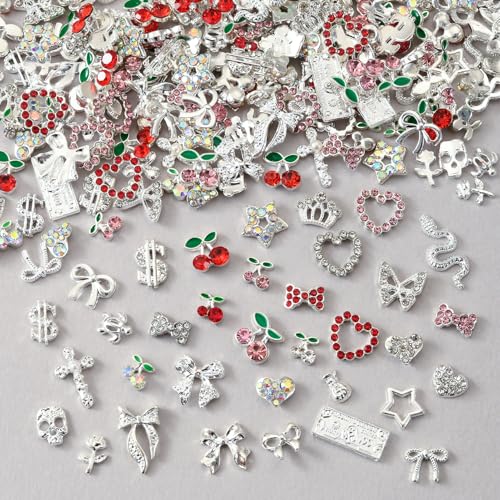 OPMADM 100Pcs Silver Nail Charms and Gems Bulk Y2k Silver Charms for Nails Design 3D Metal Heart Cross Cherry Bow Star Butterfly Money Snake
