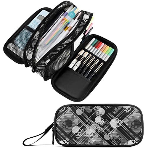Image of Fustylead Skulls Gothic Striped Large Pencil Case, Minimalist Portable Stationery Bag Cosmetics Bag with Handle for Middle High College School Office Travel