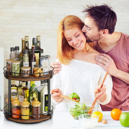 Image of Snughome Rotating Spice Rack, 2 Tier Lazy Susan Organizer, Wood Kitchen Countertop Organizer, Brown Lazy Susan Turntable for Cabinet, 10.2 inch x 10.2 inch x 10.4 inch