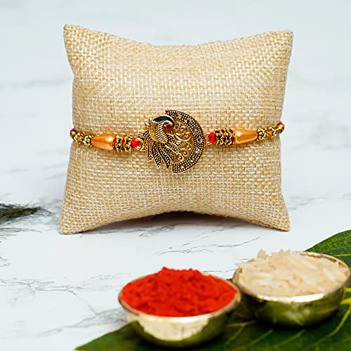 Image of eCraftIndia Peacock Designer Rakhi for Brother With Gift | Decorative Brass Diya with Stand | Raksha Bandhan Rakhi Gift Hamper for Brother Bhaiya Boys Kids | Greeting Card | Roli Chawal Pack