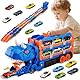 Dinosaurier Transport Truck Spielzeug ab 3 4 5 6 Jahre, 157cm Faltbare Autorennbahn Spielzeugauto mit 6 Rennautos, Tragbares Transporter Spielset Auto Spielzeug Geschenk für Jungen Kinder Mädchen