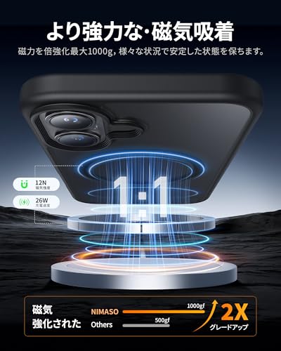 NIMASO iPhone 16 用 ケース MagSafe対応 スマホケース マグセーフ対応 カバー 滑り止め マット仕上げ いPhone16対応 全面保護 耐衝撃 米軍MIL規格取得 ワイヤレス充電 ストラップホール付き 携帯スマホケース アイフォン16対応 （6.1インチ） ブラック （黒羽シリーズ）NSC24G1448